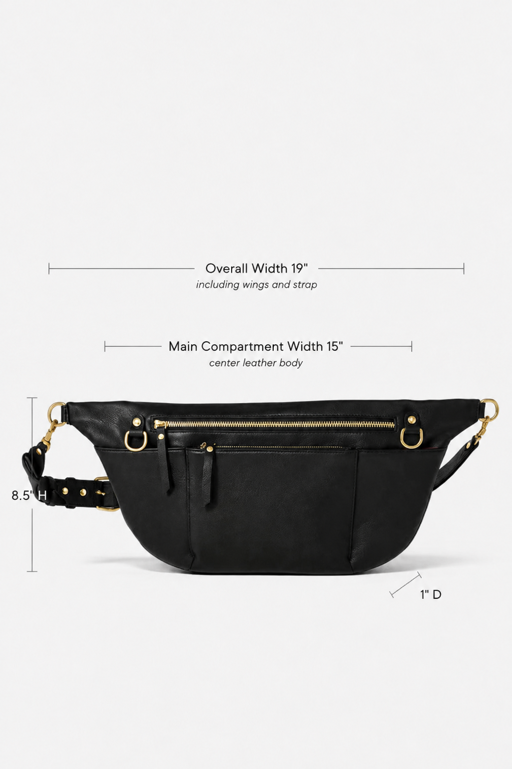Black fanny pack with gold hardware and a black strap, shown with dimension lines and text indicating overall width 19 inches, main compartment width 15 inches, and depth 1 inch