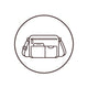 A minimalist black line icon of a shoulder bag with a front zip pocket and side strap, centered inside a circular frame on a white background.