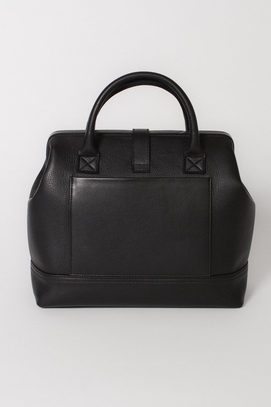 Handcrafted Full grain leather Doctor Bag with double handles, back view showing an exterior pocket for smart phone.