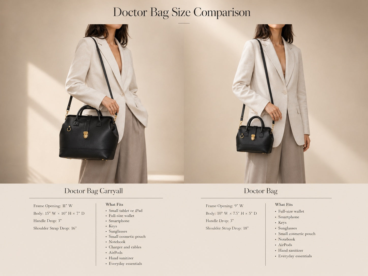 A Doctor Bag comparison in two different sizes. The Doctor bag is handcrafted in full-grain leather with gold hardware, with a metal frame opening in the color black. 