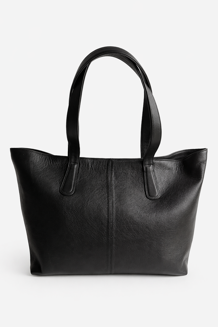 Black leather tote bag on a white background. This is the Margot Tote Bag.