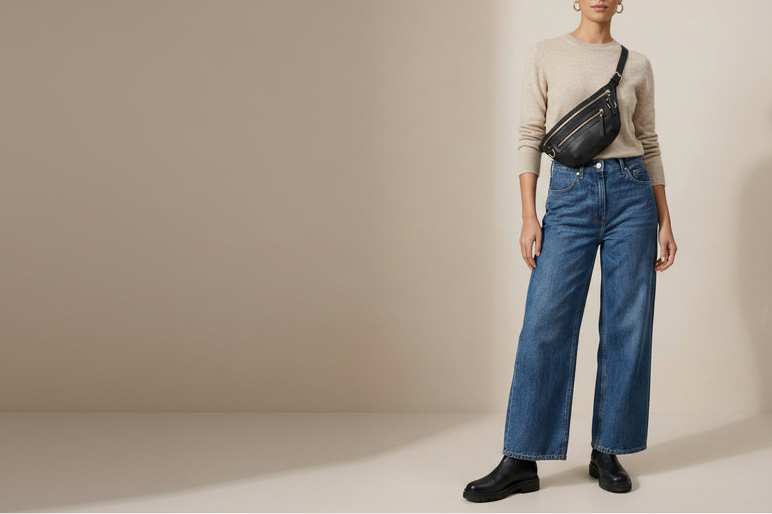 Woman wearing a beige sweater, blue jeans, and black shoes with a black waist bag against a beige background