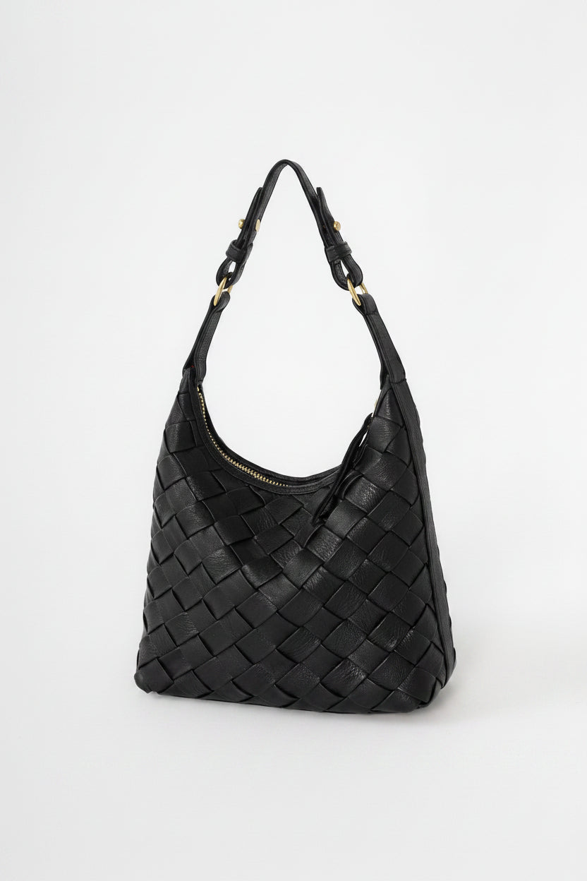 A black woven leather hobo shoulder bag with gold-tone hardware, shown on a clean white background.