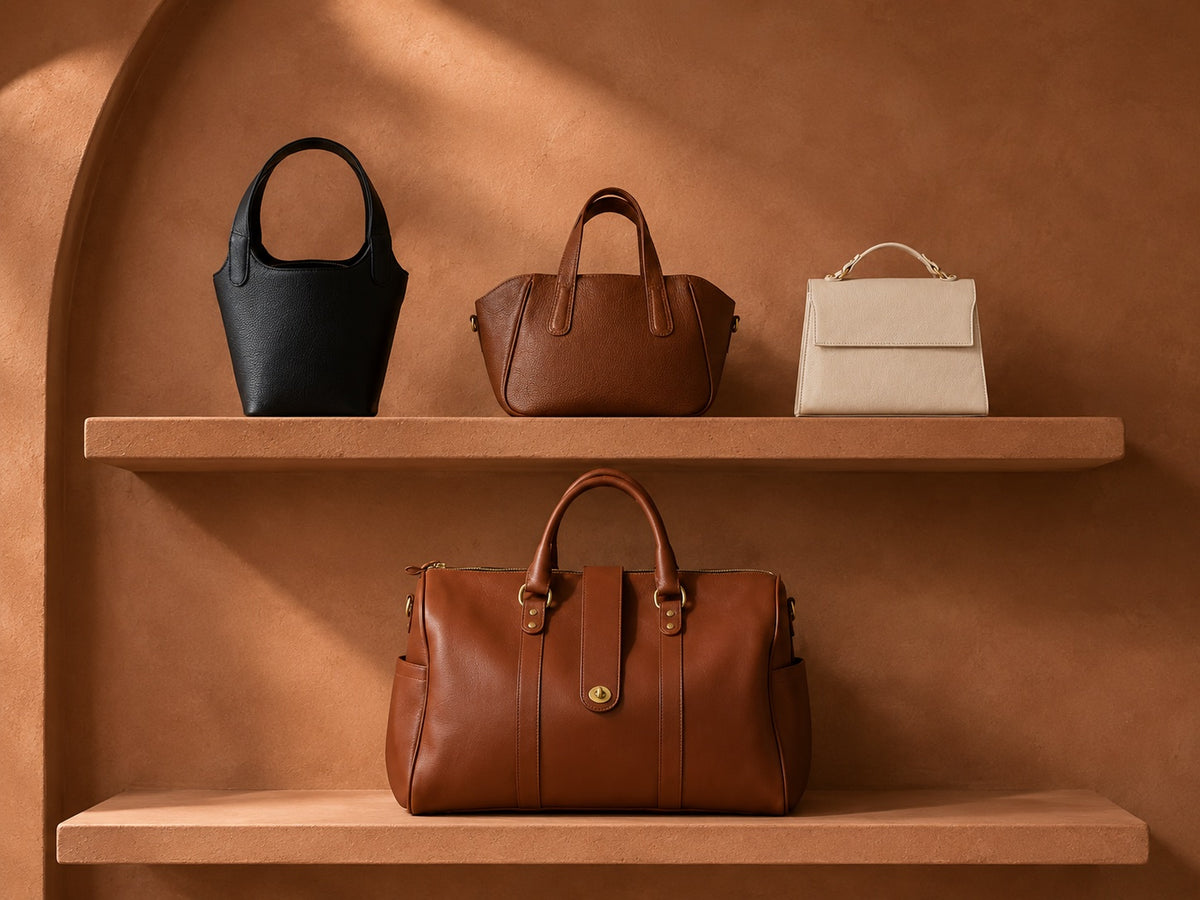Four leather handbags in black, brown, and cream are displayed on two wooden shelves against a warm terracotta wall.