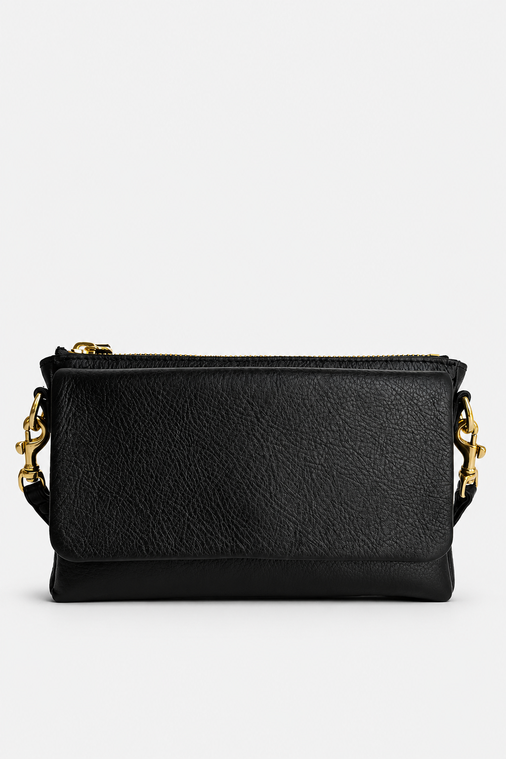 A black textured full-grain leather crossbody wallet with solid brass hardware and a detachable crossbody and shoulder strap. Front view with the Fl