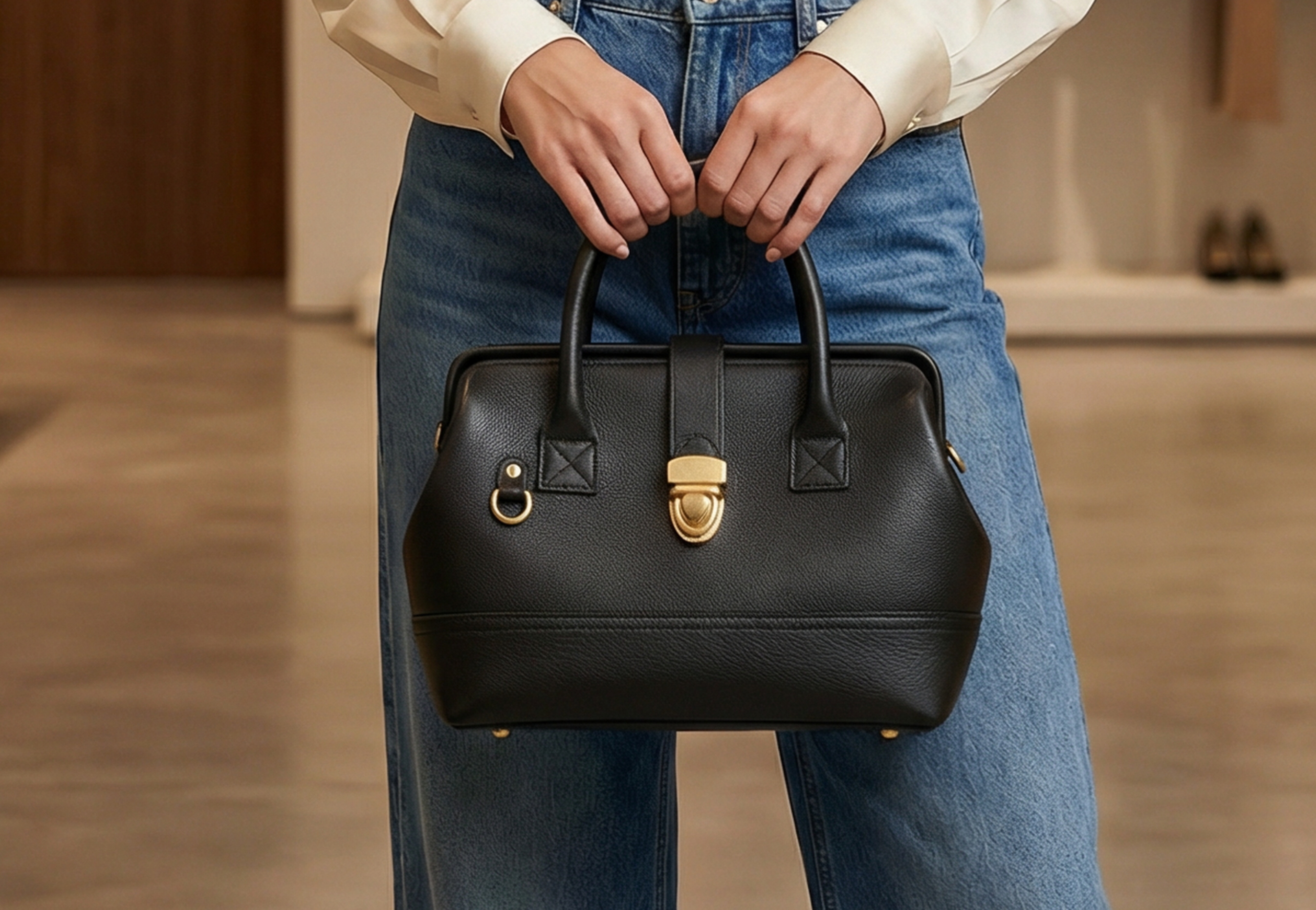 Close-up of the Doctor Bag Petite in black leather held by a model, highlighting its structured frame, curved top handles, and signature gold clasp closure.