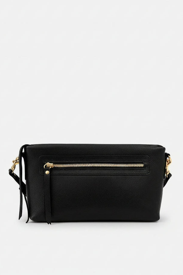 Black leather Ella shoulder bag with structured silhouette, front zip pocket, and gold hardware, designed for everyday wear with a clean, minimalist profile.