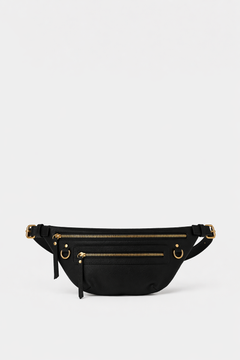Black leather fanny pack belt bag with adjustable strap, multiple zip pockets, and gold hardware, designed as a hands-free everyday bag for travel, errands, and on-the-go essentials.