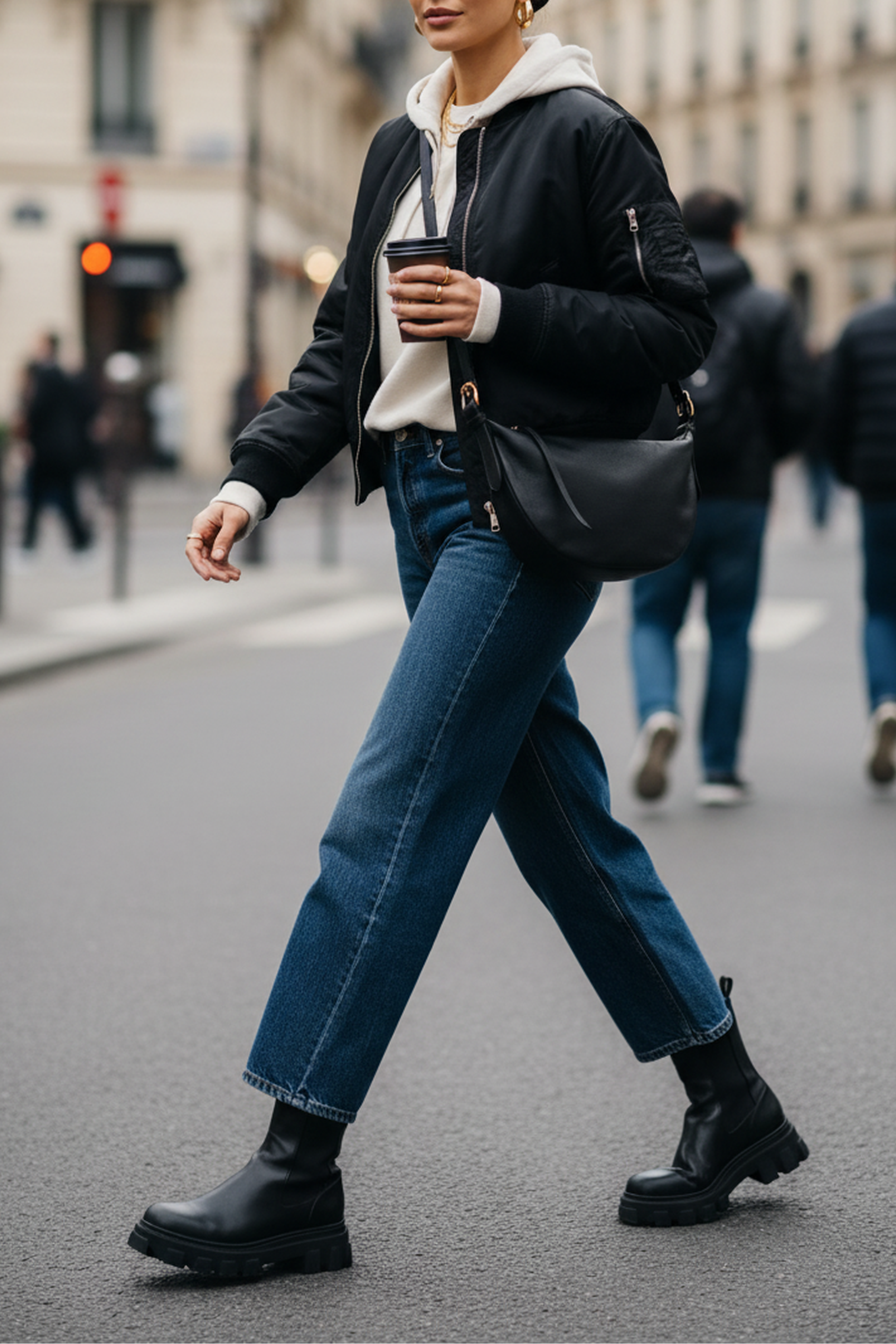 Woman wearing the black leather Nova Sling Bag crossbody while walking in the city, highlighting its hands-free design and everyday versatility.