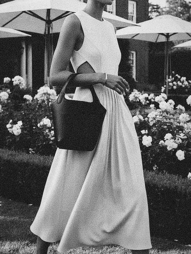 Short video of a model carrying the black leather Phoebe bucket bag on the arm, styled with a flowing dress in an outdoor garden setting.