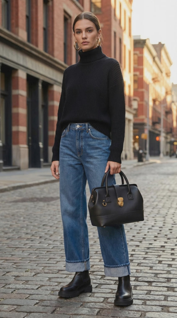 Woman wearing a black sweater and denim jeans carrying the Doctor Bag Petite in black leather while walking on a cobblestone city street.